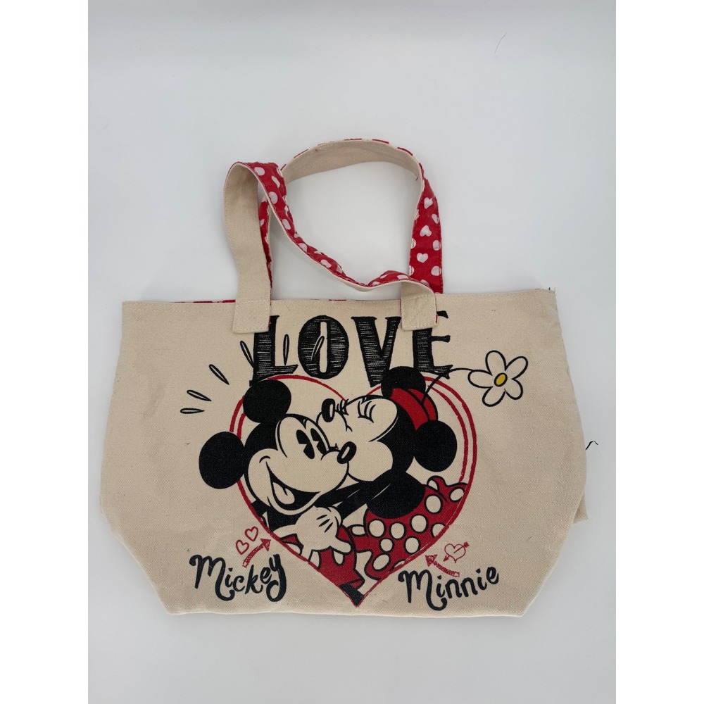 Disney Store Mickey Minnie Mouse Love Canvas Tote Bag Cream Red Heart Lining